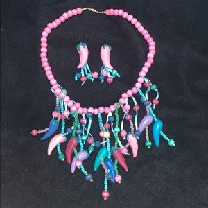 Wooden chili pepper necklace/earrings set vintage